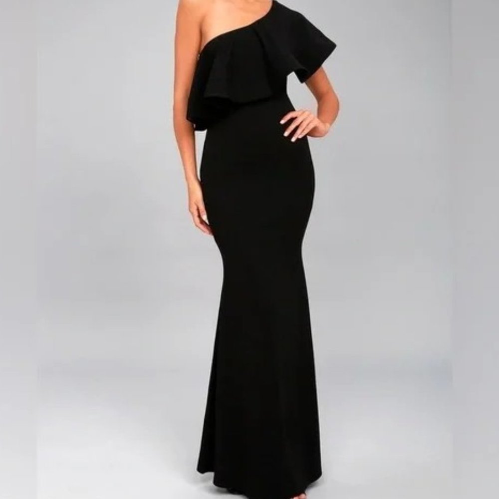 Lulus Black Ruffled One-Shoulder Mermaid Maxi Dress Size Small